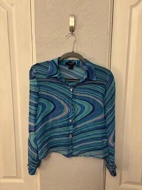 Vintage Y2K 100% Silk Blue Swirl Pattern Blouse Size Medium